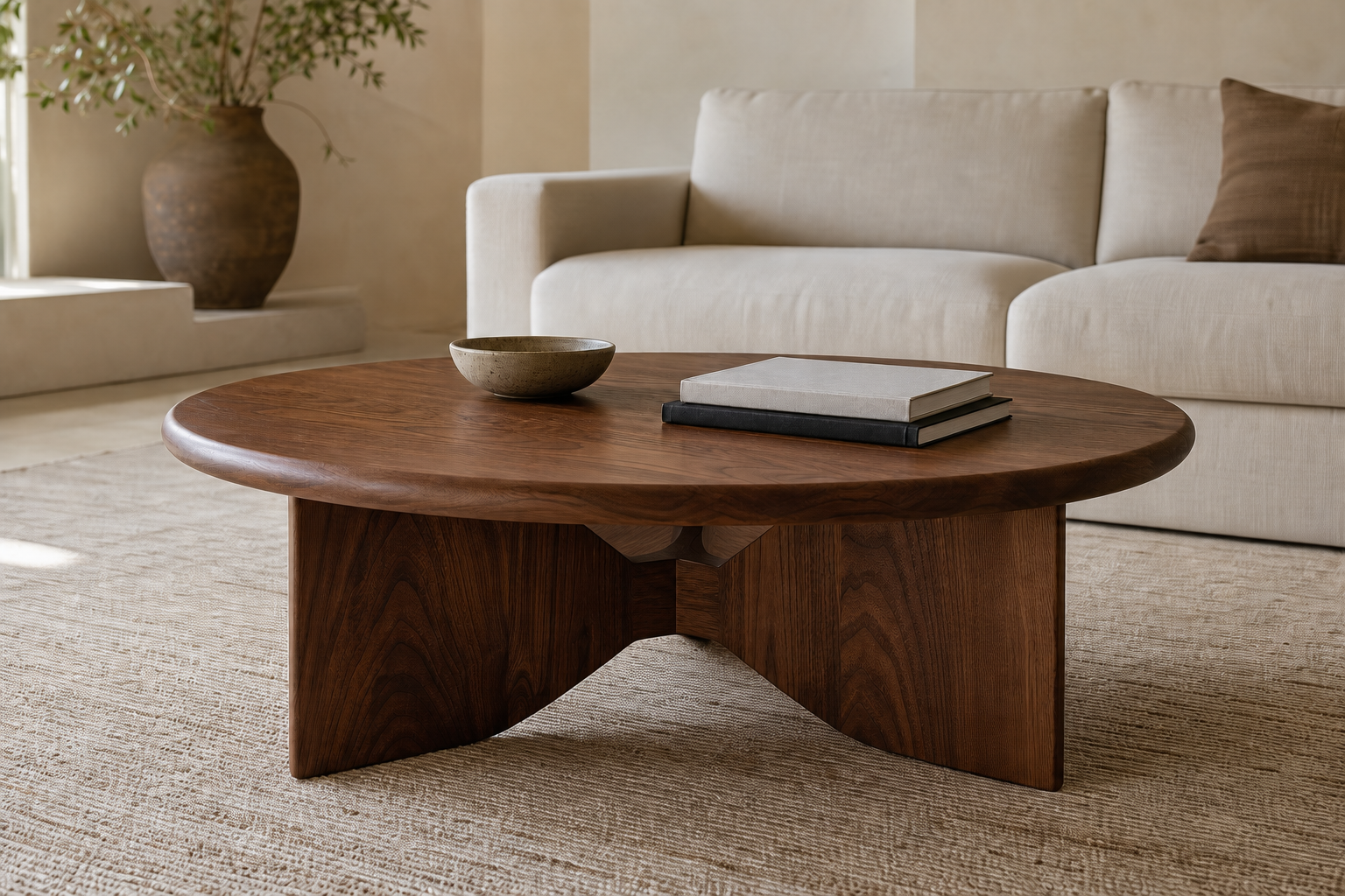 Patuxent 42 round American walnut coffee table with three sculptural radial fin legs