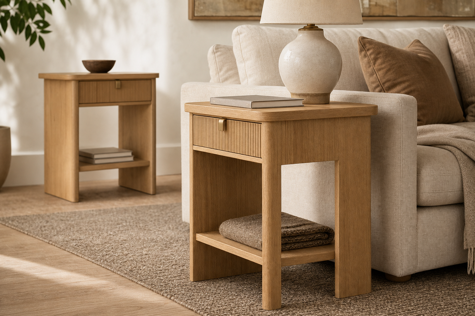 Matched pair of rift-sawn white oak Wye side tables in a warm residential interior